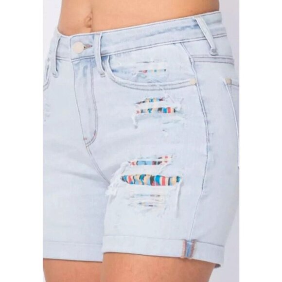 Judy Blue High-Rise Cuffed Printed Aztec Lining Cotton Summer Travel Sz L - Picture 10 of 12